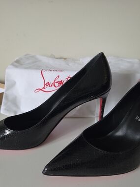 Christian Louboutin Women's Black Patent Leather Pointed-Toe Pumps with Red Sole